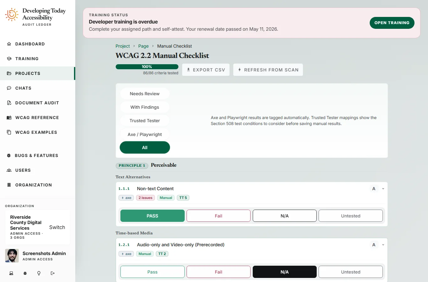 Manual checklist view showing WCAG criterion list with automated pre-fill indicators, manual check inputs (Pass/Fail/N/A), and tester attribution