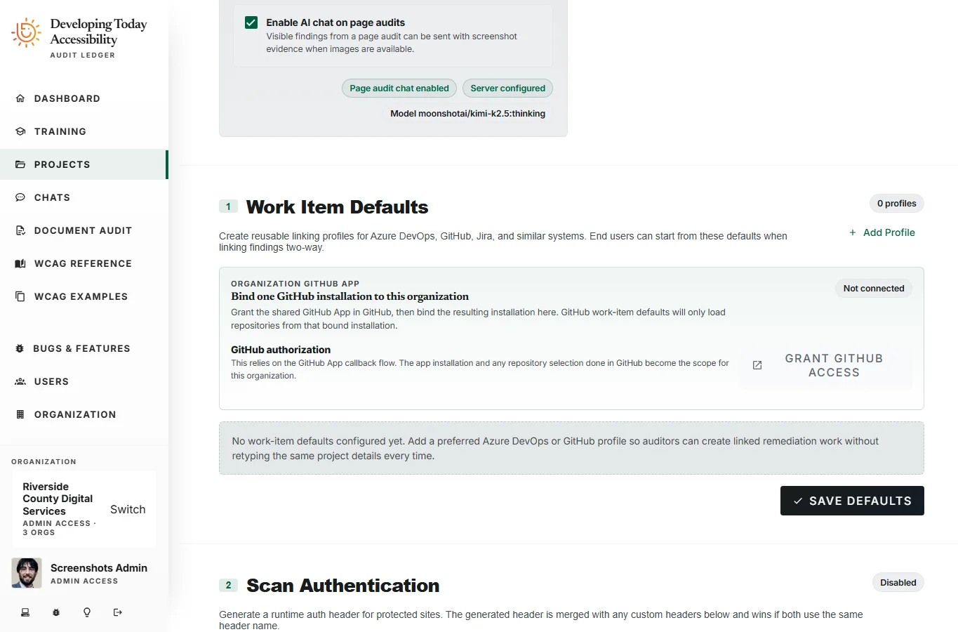 Work item integration configuration panel showing sync mode selection, provider settings, default assignee, label configuration, and test connection status