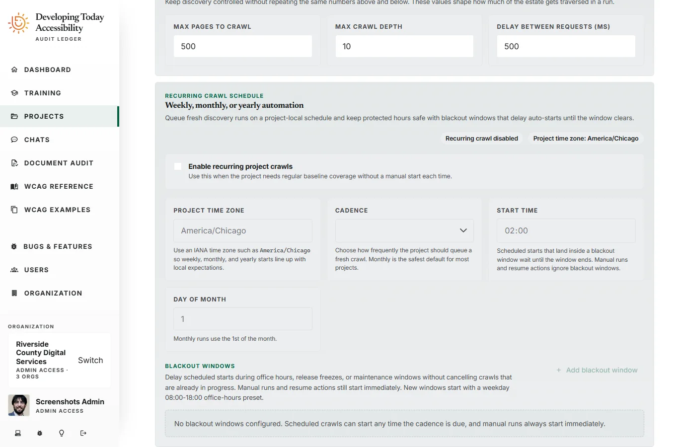 Project settings panel showing weekly, monthly, and yearly crawl scheduling, blackout windows, WCAG level selection, crawl depth, page budgets, multi-domain settings, and custom header configuration