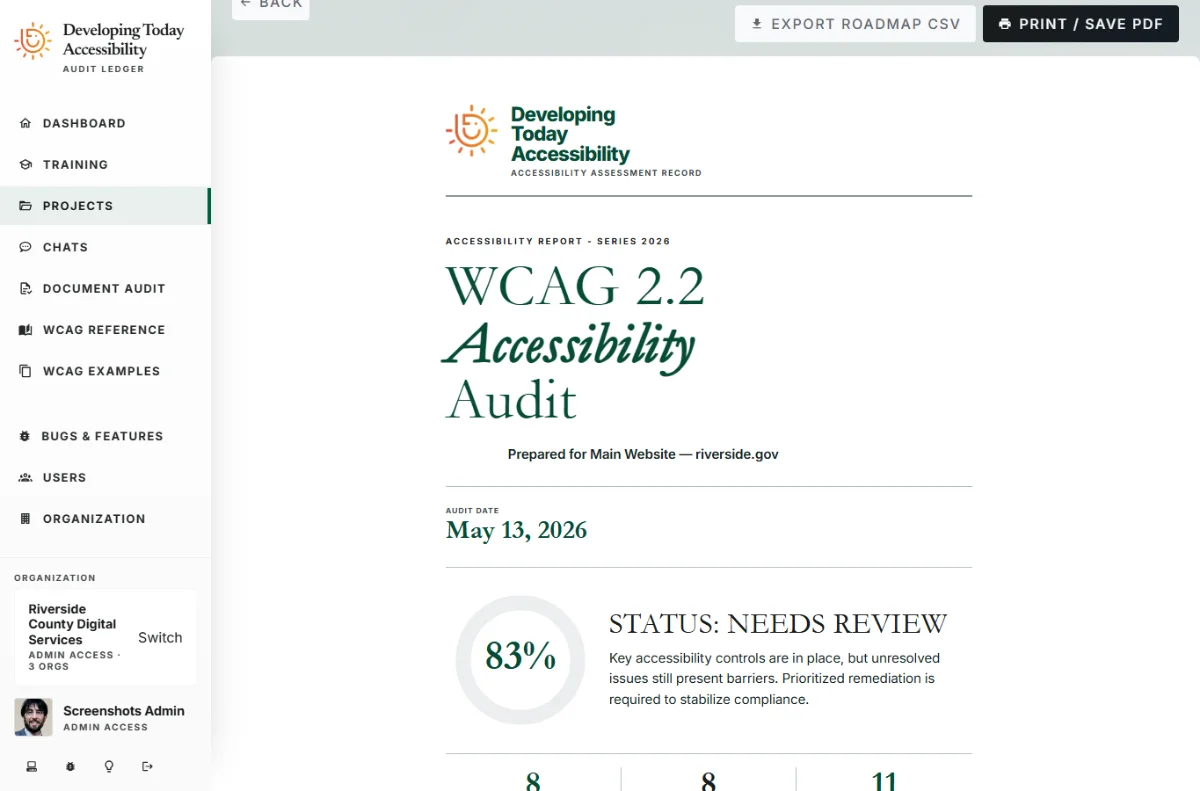 Executive report view with compliance summary header, finding breakdown by WCAG criterion, severity distribution chart, and remediation status overview